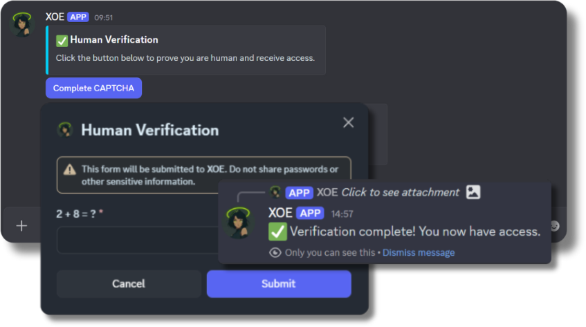 XOE human verification flow protecting Discord server from bots and raids
