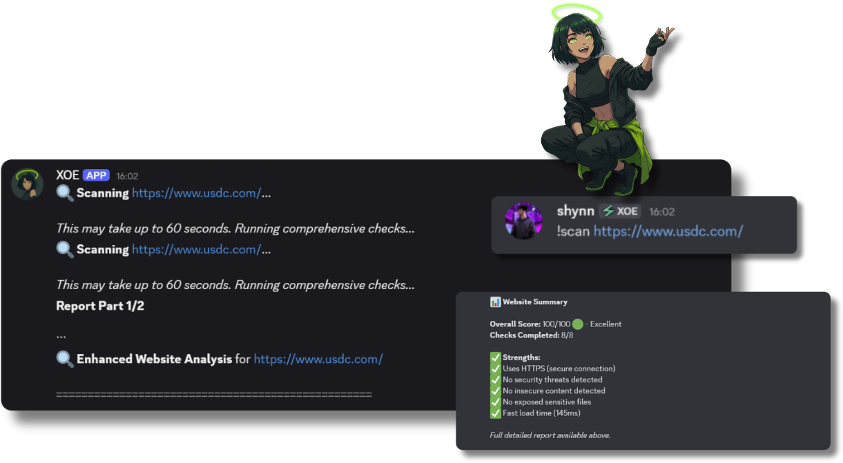 XOE LinkGuard scanning URLs against phishing and malware databases in Discord