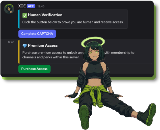 XOE feature dashboard showing crypto payments, role automation, and verification tools