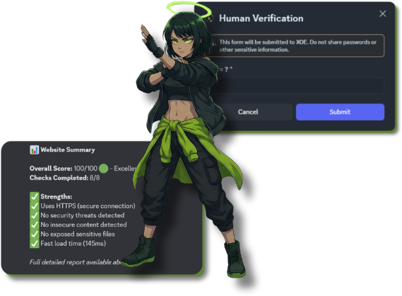 XOE Discord security features including link scanning and human verification